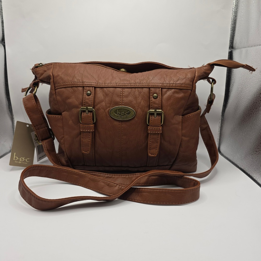 New With Tags b.o.c. Women Crossbody Bag Brown Faux Leather Buckle Detail MULLY